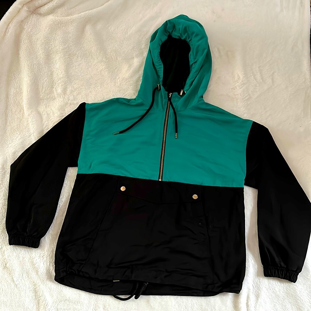 Forever 21 Black/Teal 1/4 Zip Rain Jacket - SIZE S